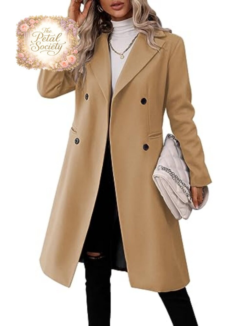 Long Double Breasted Pea Coat Wool Blend Slim Fit Winter Jacket